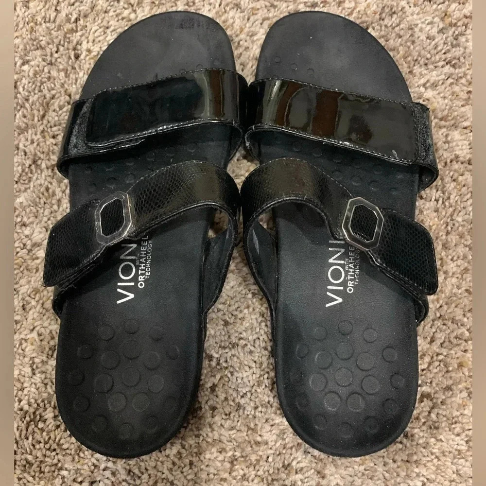 Vionic black 2 strap slide footbed orthaheel sandals